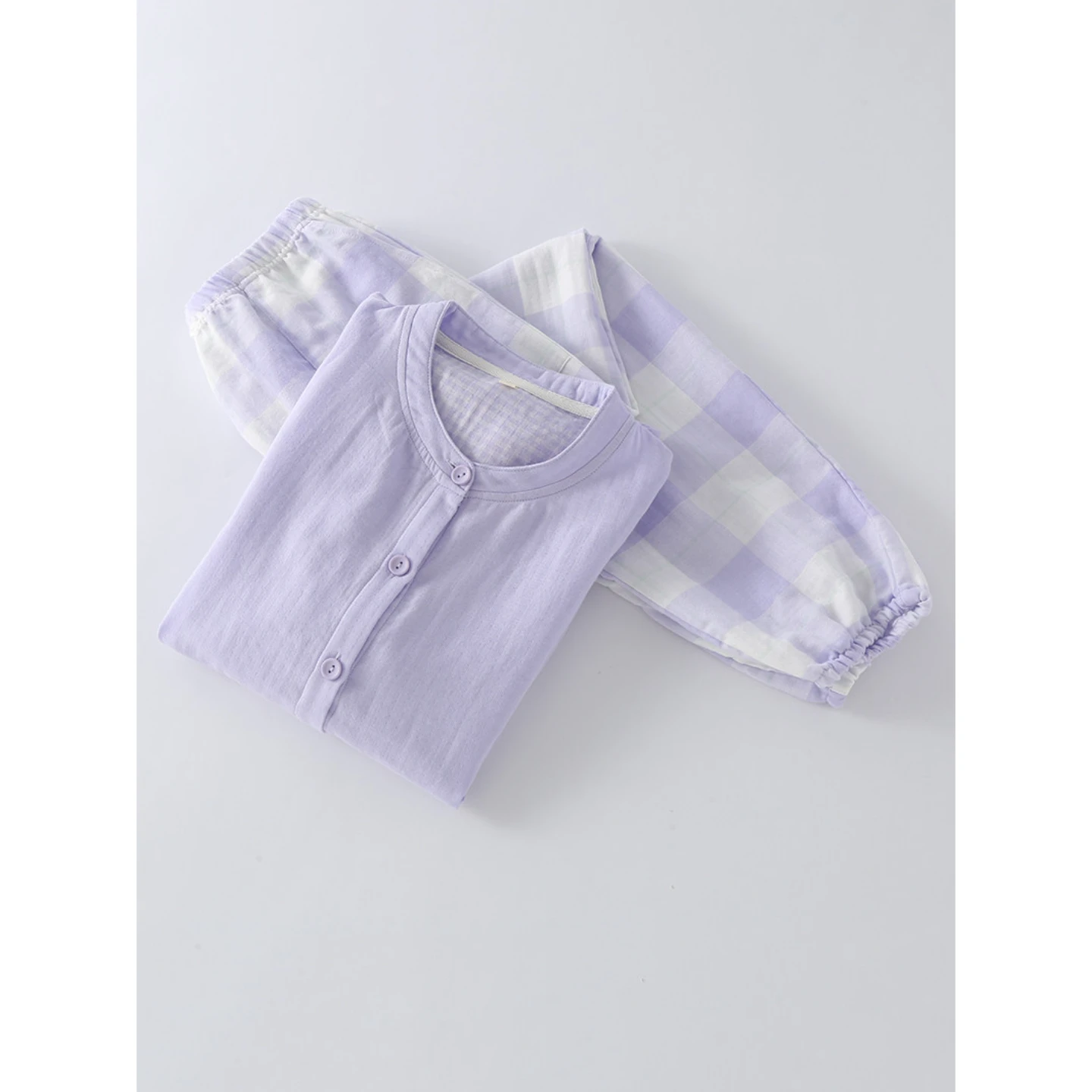 2-Piece Women's Pajama Set, Japanese Minimalist Plaid Sleepwear, Cotton Gauze Long Sleeve & Relaxed Fit, Lightweight & Breathabl