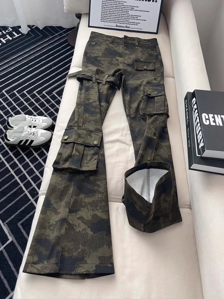 

Американские джинсы High Street Vibe с камуфляжным поясом, мужские узкие прямые брюки для спецодежды, брюки с высокой талией, зауженные брюки Bootcut