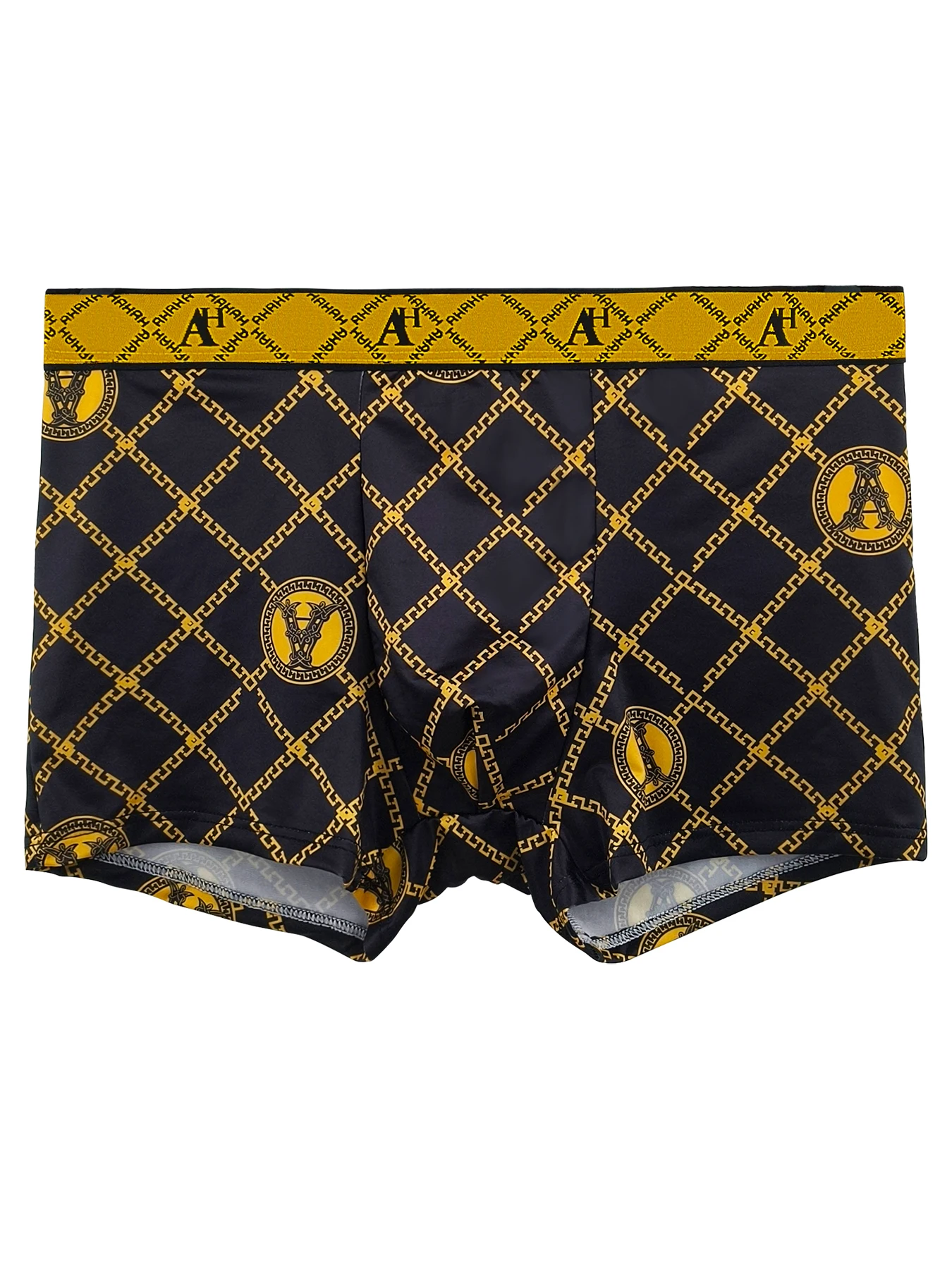 سراويل داخلية للرجال مكونة من 8 قطع من الحرير الجليدي - مطبوعات فاخرة منقوشة بالذهب مع حزام خصر بشعار "A+"، طقم ملابس داخلية باللون الكحلي الداكن #2