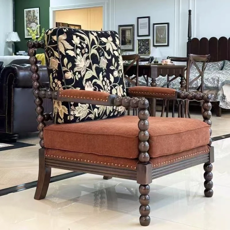 Solid wood sofa chair Reading French pearl Retro high-end hotel living room single leisure  Tiger chair