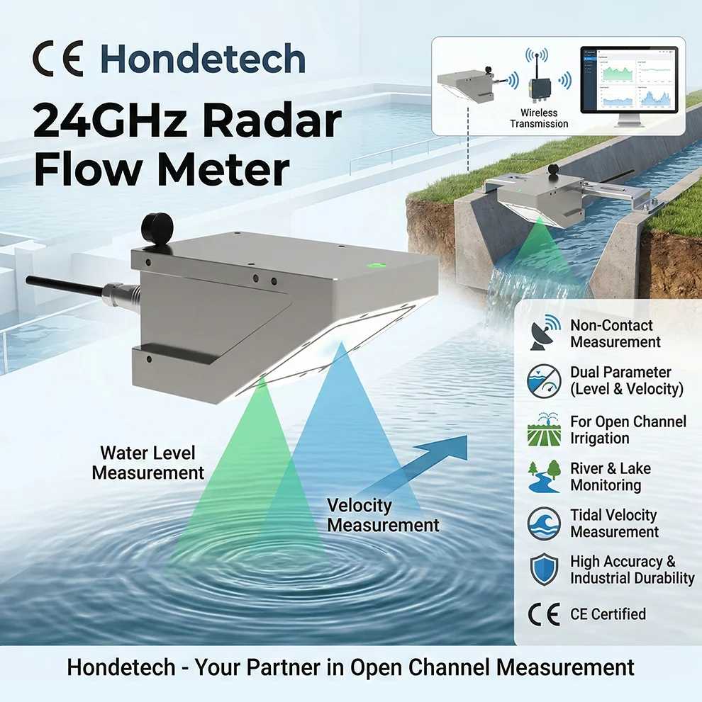 Open waterway irrigation 24GHz radar flowmeter for river and lake tidal velocity and water level measurement