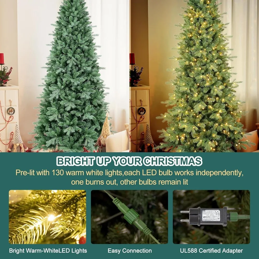 

7 FT Prelit Artificial Skinny Christmas Tree, Blue Spruce Slim Pencil Xmas Tree with 1552 PE&PVC Mixed Branch Tips