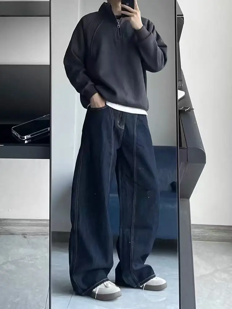 

Американские ретро Cleanfit джинсовые черные широкие джинсы с ножом повседневные прямые свободные мужские и женские универсальные прямые повседневные брюки