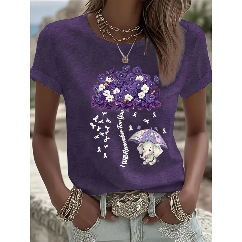 Women's Fight Alzheimer's Awareness Print T-Shirts Summer Casual Round Neck T Shirt Short Sleeve Tops