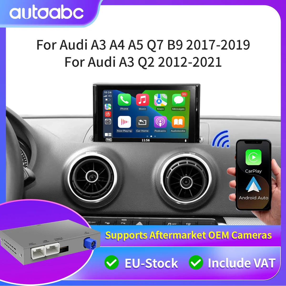Wireless CarPlay Android Auto Adapter Decoder Box for Audi A3 Q2 2012-2021 Carplay Retrofit Kit Support MirrorLink Bluetooth GPS
