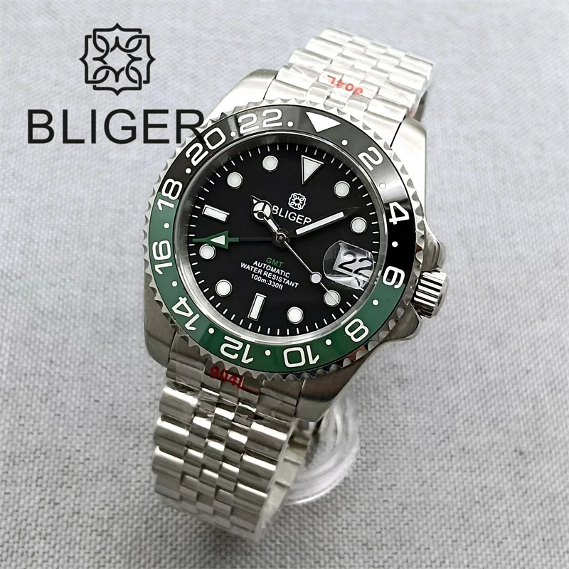 BLIGER New GMT Watch For Men NH34 Movement 40mm Case 120 Clicks Sapphire Glass Black Green Ceramic Bezle Green Luminous  Date