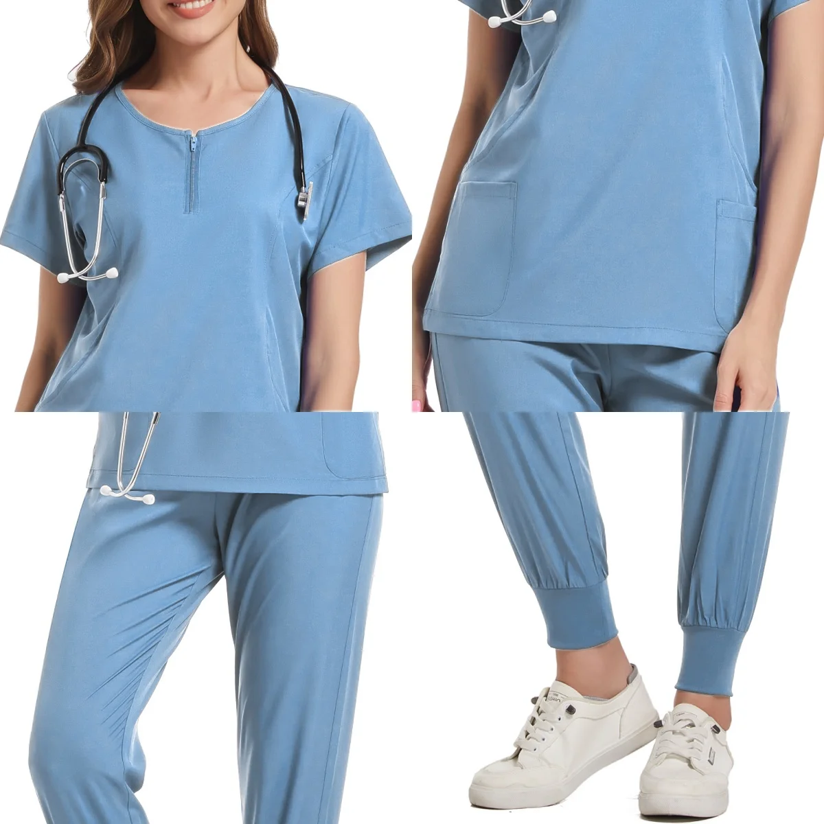 Conjunto uniforme elástico com zíper, Top e calça para hospital médico, Scrubs de enfermagem, Spa, salão de beleza, pescoço com zíper, 2022