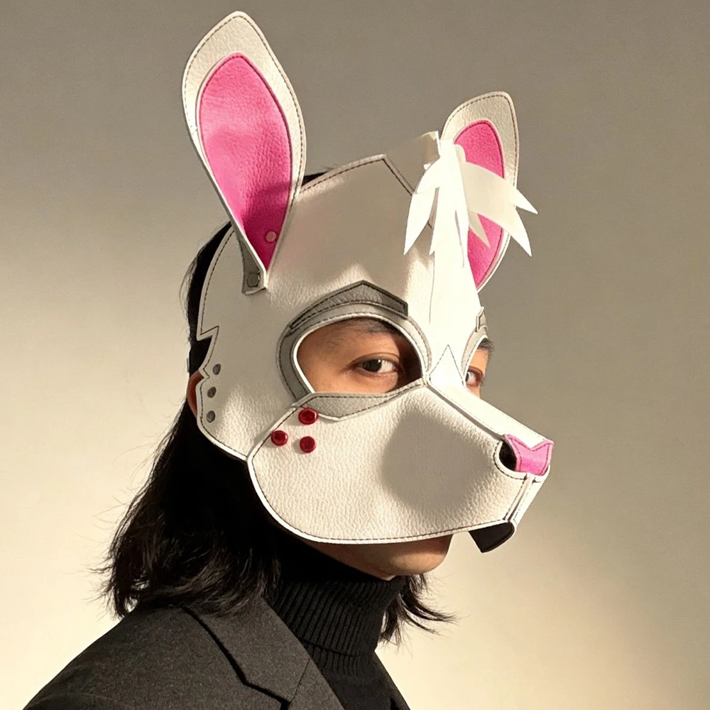 Punk Rabbit Mask White Bunny Pattern PU Leather Adult Animal Face Mask Fursuit Halloween Masquerade Cosplay Party Costume Prop view 5