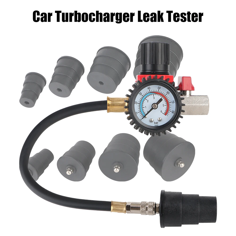 

With Pressure Gauge Car Turbocharger System Leak Tester 1-3/8'' 35mm to 3-1/2'' 90mm Adapters 9pcs/Set 90psi/6bar