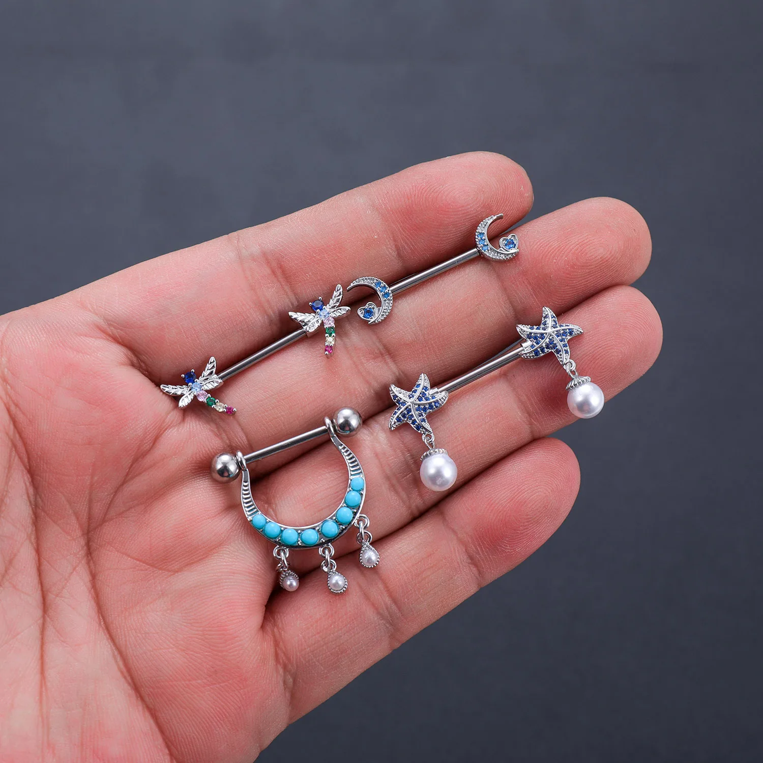 2pcs Cross Star Zircon Dangled Shield Bar Nipple Rings for Women 14G Surgical Steel Cute Cat Lizard Maple Leaves Nipple Piercing