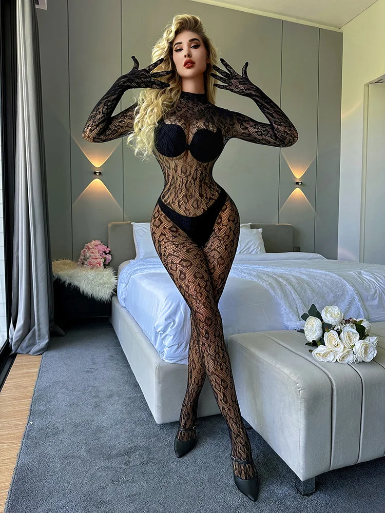 Leopard Fishnet Bodystocking, Hollow Out Long Sleeve Backless Bodystocking, Women\'s Sexy Lingerie & Underwear