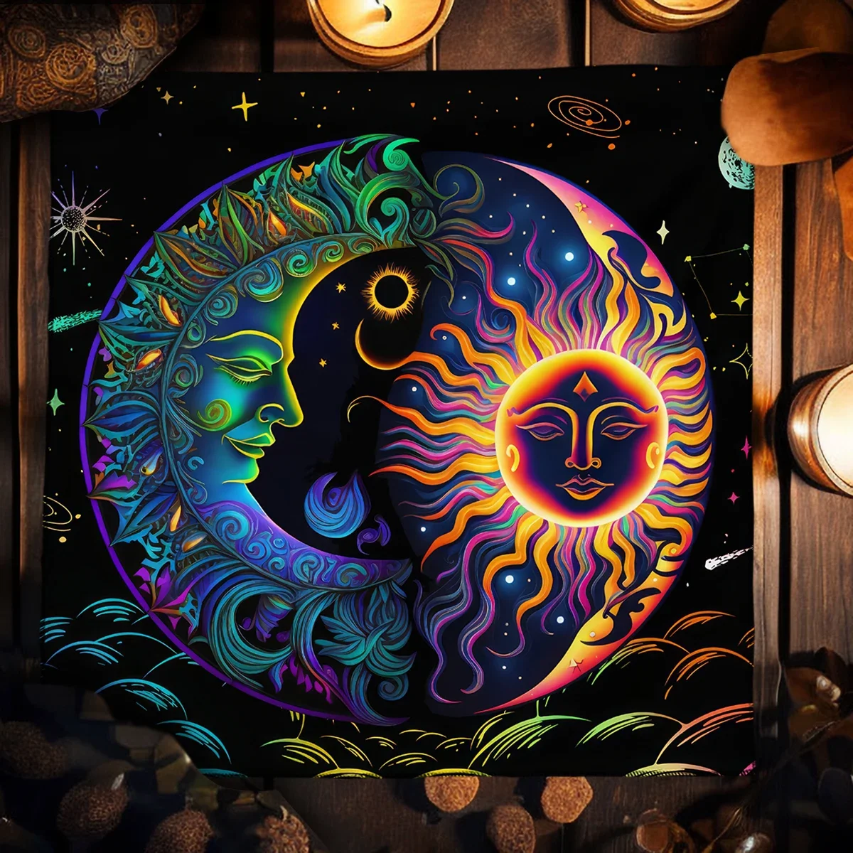 Mystieke Kleurrijke Zon en Maan Tarot Kaart Tafelkleed Astrologische Waarzeggerij Altaarkleed Kaartspel Mat Hekserij Witchy Decor