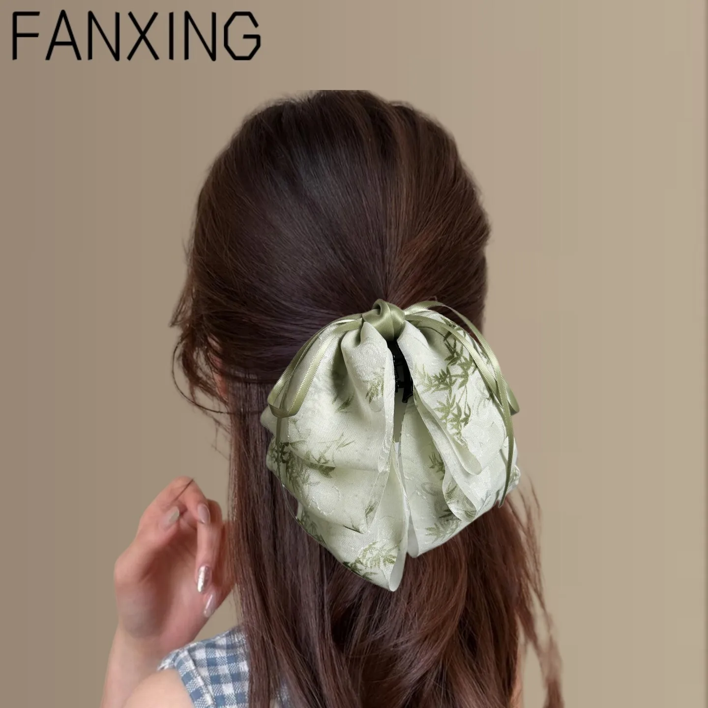 Chinese Style Hanfu Bamboo Print Bowknot Ribbon Hair Claw Clip For Women Back Head Ponytail Holder Hairpins Elegant Daily Travel