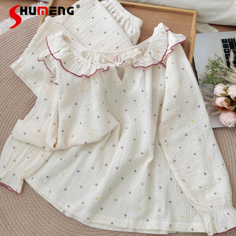 

Autumn Princess Style Pure Cotton Underwear Female Polka Dot Wearable Homewear Set Women Long Sleeve Cotton Gauze Pajamas