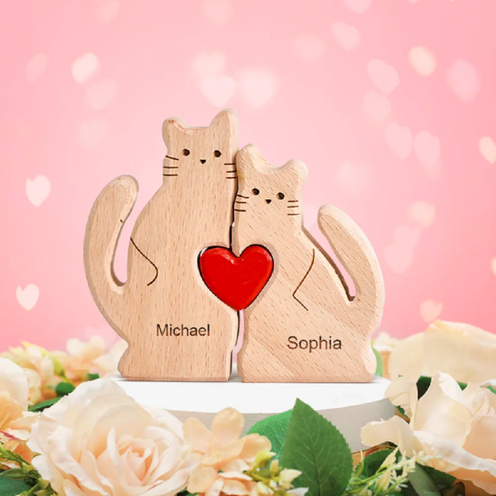 Wooden Valentine'S Day Gift Cuddling Cat Elephants Heart Animal Puzzle Sculpture Family Couple Gift For Girlfriend Boyfriend