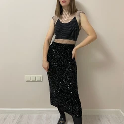 French High-waisted Slim Mid-length Skirt High-grade Shiny Thickened Package Hip Elastic Waist Back Zipper Sequin Skirt Women