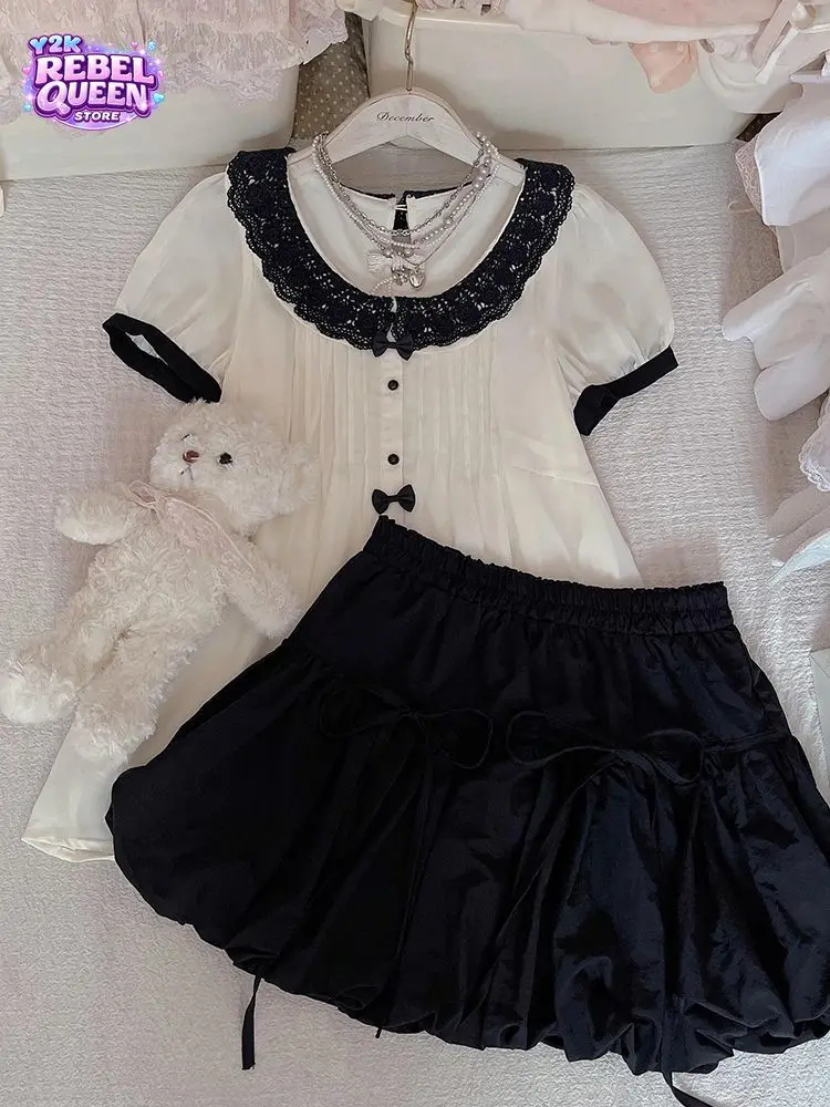 Coquette Sweet Vintage Japanese 2pcs Set Women Lace Collar Puff Short Sleeve Bow Ruched Front High Waist Bow Tie Bubble Hem Mini
