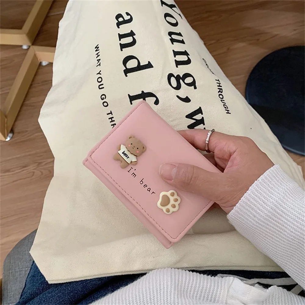 Cute Bear Wallet Women Small Trifold Purse with Cartoon Bear Paw Decor Lightweight Card Holder for Girls Daily Use Pink Blue