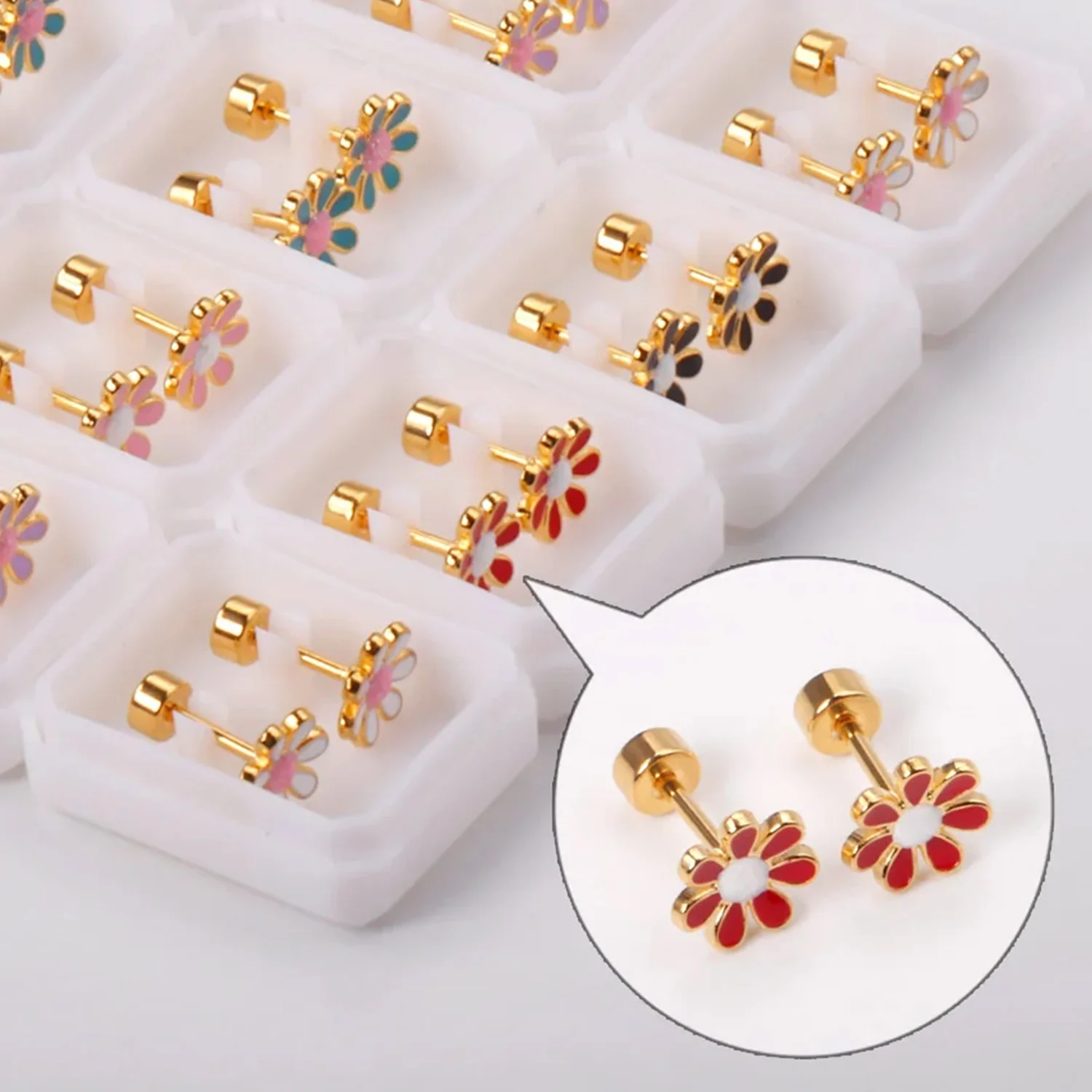 12pairs Flower Gold Silver Color Stainless Steel Stud Earrings With Glitter Trendy Cute Flower Hypoallergenic Earrings 2023