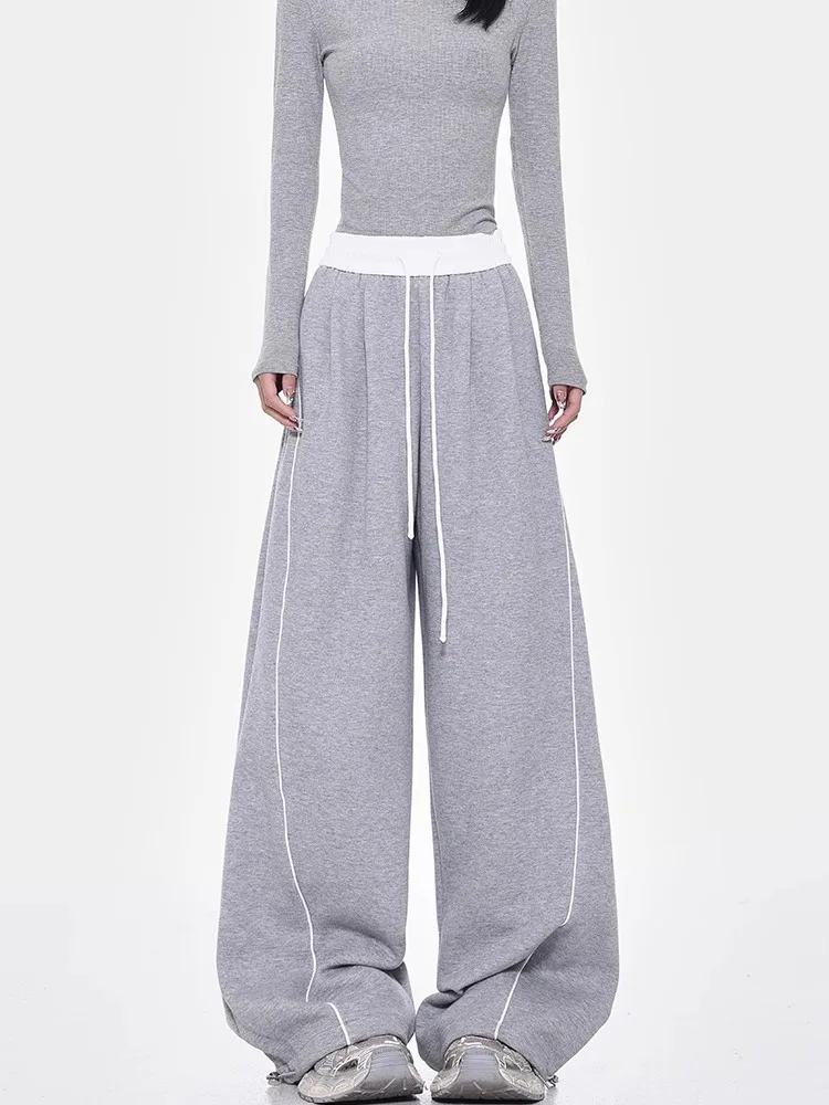 American Drawstring Wide Leg Sports Pants for Women Autumn High Waisted Loose Lady Fitting Straight Casual Pants Baggy Trosuers