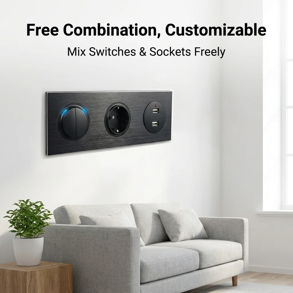Black Matte Wall Switch EU French Wall Socket, USB Charger Brushed Aluminum, CAT6 HDMI Modules Free Combination, L6 Series