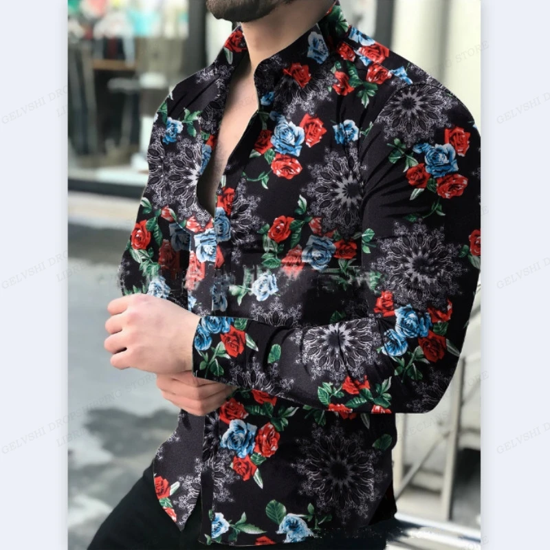 Camisa floral havaiana de manga comprida masculina, blusas da moda, blusa de praia Cuba, gola virada, botão para cima