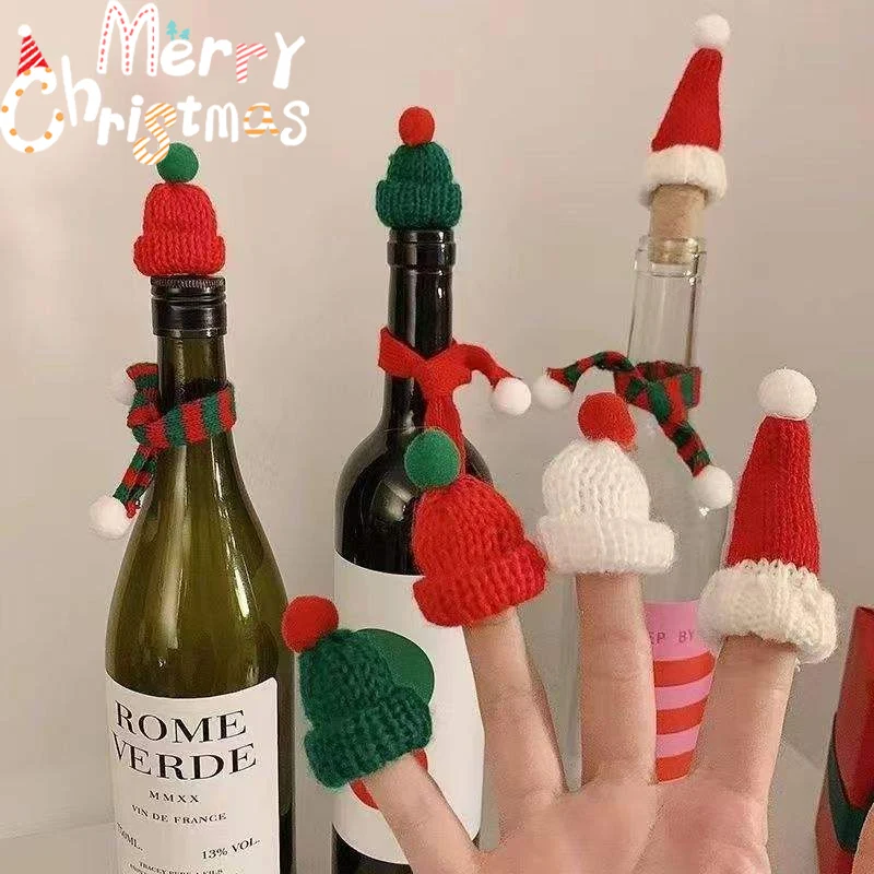 Weihnachten Weinflasche gestrickter Schal Dekor Weihnachtsmütze Mini Flaschenhülle Wolle Ornament DIY Handwerk Urlaub Projekt