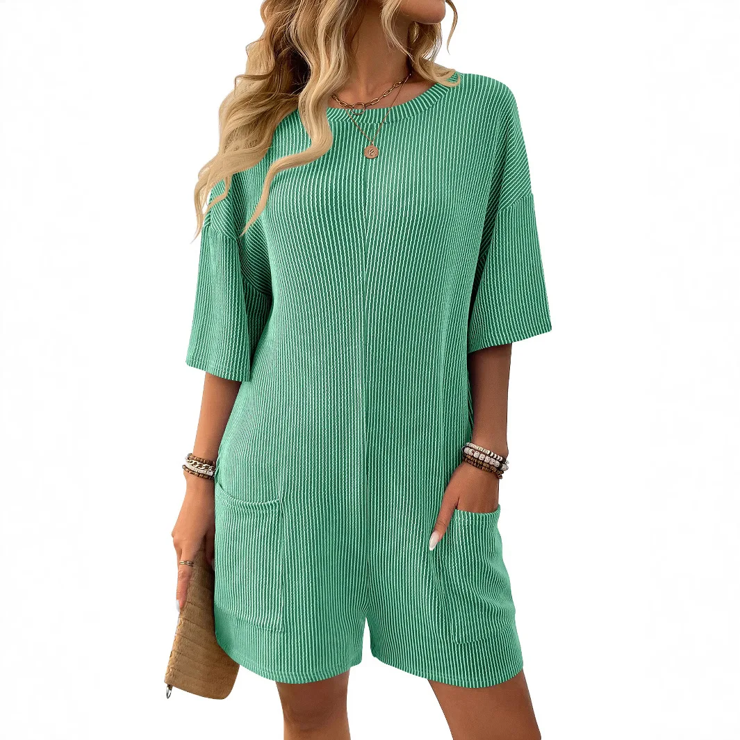 المرأة الجديدة فضفاضة جيب الظهر الخامس الرقبة السراويل بذلة #2