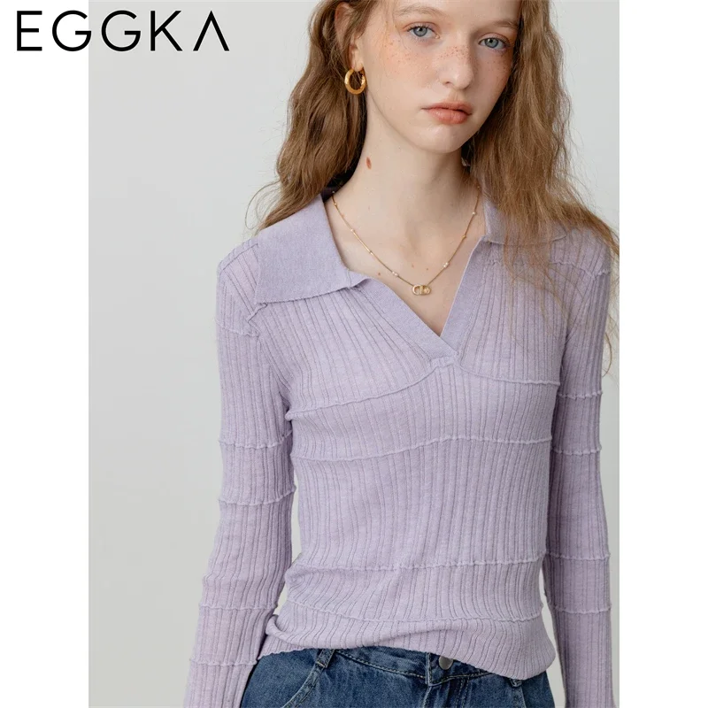 EGGKA V-Neck Solid Knitwear Flared Sleeves T-shirts for Women Slim Fit Long Sleeve Tops Autumn Turn-down Collar T-shirt Purple