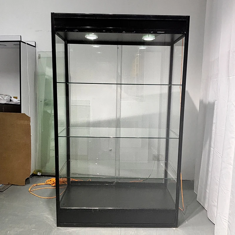 Glass 3-Shelf Display Showcase with Black Aluminum Frame Lockable Display Showcase With Light