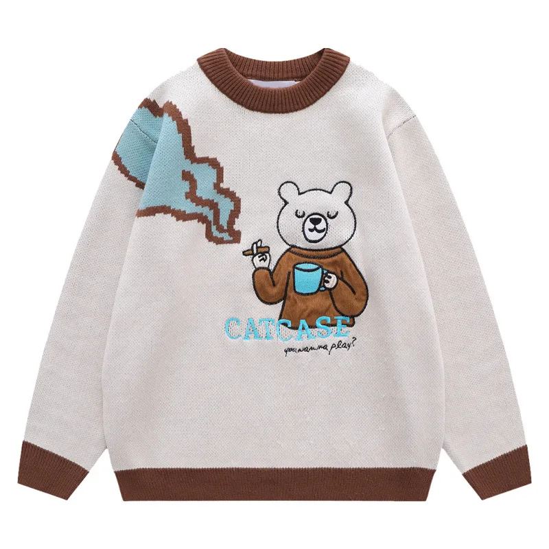 

Men's Oversized Sweaters Funny Cartoon Bear Embroidery Pullover Hip Hop Baggy Casual Fashion Couple Streetwear Pull Homme Hombre