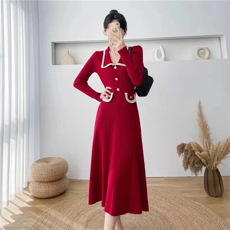 

Sweater Midi Dress For Woman Clothes Casual Autumn Winter Knitted Korean Slim Long Sleeve Elegance OL Sweet Female Clothing