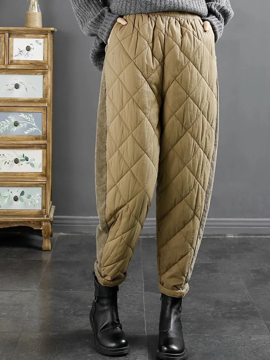 Fashionable Patchwork Flannel Rhombus Quilted down Cotton Pants Women's Winter Windproof Warm Harem Pants Long Cotton Trousers