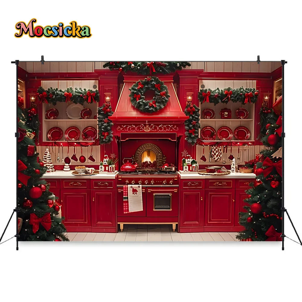 Christmas Kitchen Photography Background Retro Red Cabinets Xmas Tree Garland Socks Backdrop Kids Adult Winter Studio Photozones