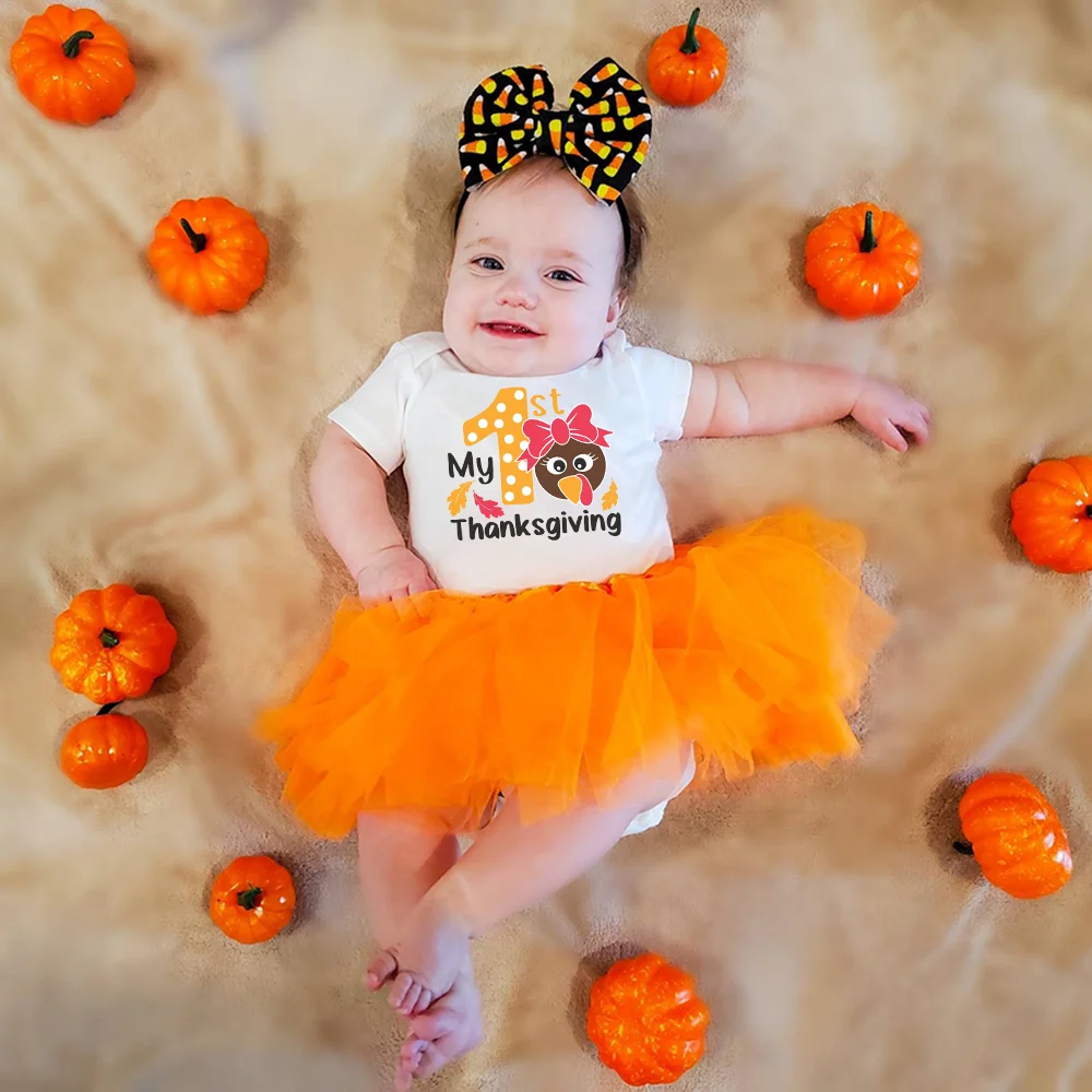 

My 1st Thanksgiving Baby Bodysuit Dresses Set Infant Baby Girls Short Sleeve Jumpsuit Tutu Skirts Toddler Girl Fall Party Outfit