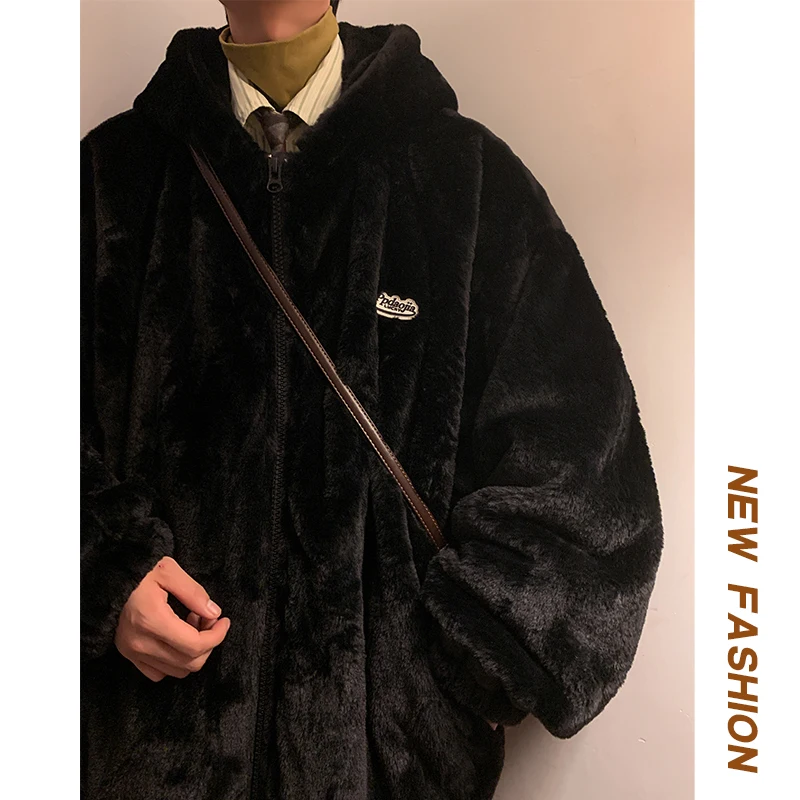 

Fluffy Lamb Fur Jaet Men's Winter New Sle Warmth Outerwear Loose Cotton Clothes Long Sve Zipper Closure Hooded Coat