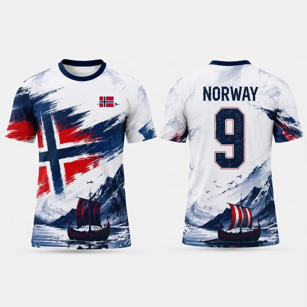 Men's breathable polo shirt, featuring the Norwegian team flag and vibrant patterned fan shirt