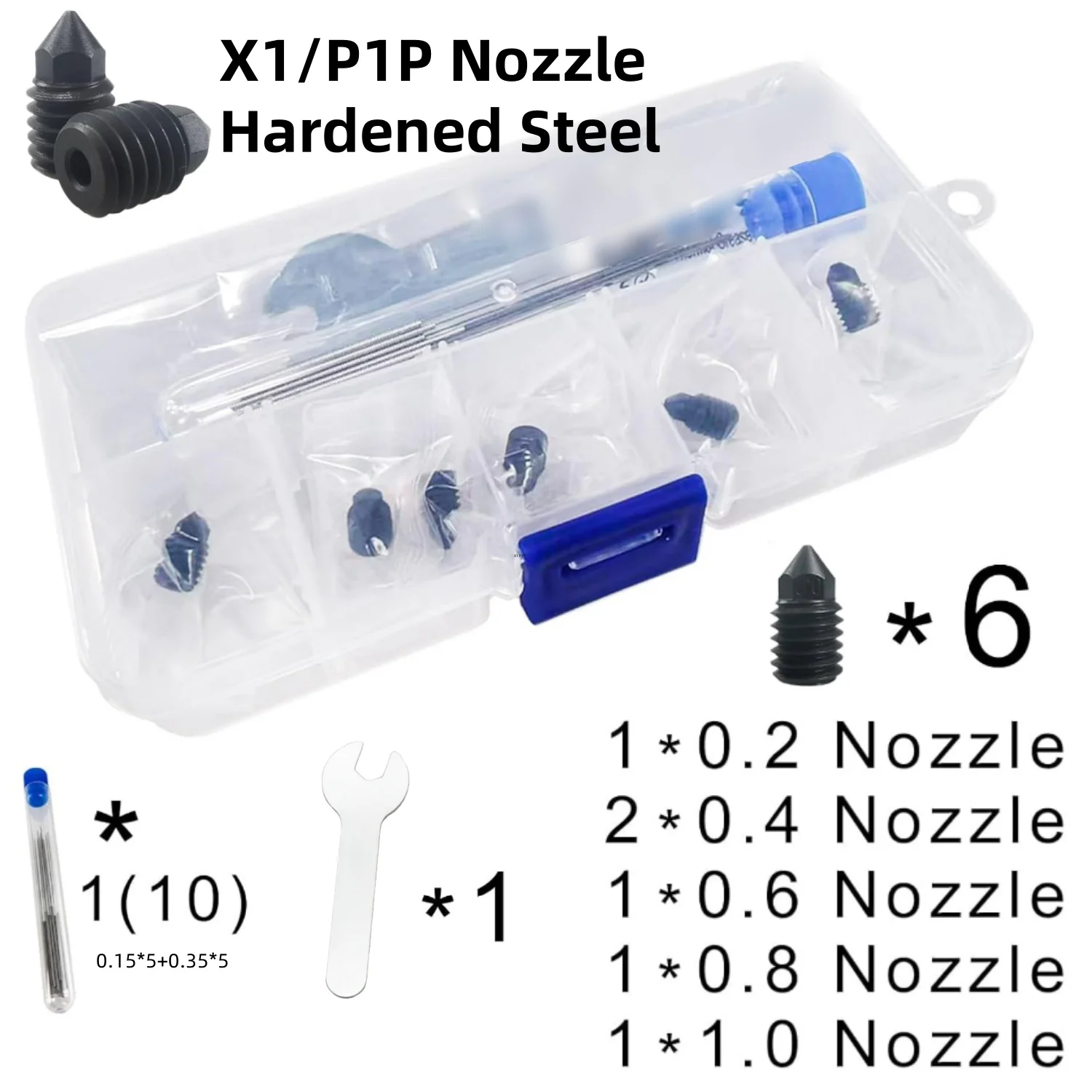 

For Bambu Lab X1/P1P Hardened steel nozzles 0.2/0.4/0.6/0.8/1.0mm, 3D printer nozzles hot end kits, with DIY tools included.