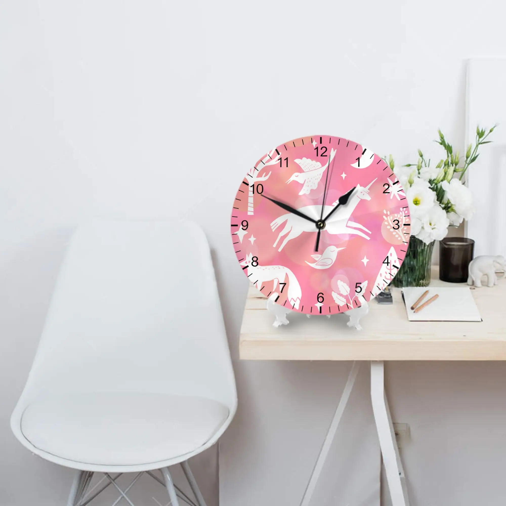 Unicorn Round Wall Clock Silent Non-Ticking Pink Eco-Friendly Plastic Decorative Clock for Kids Girl Bedroom Home Decor