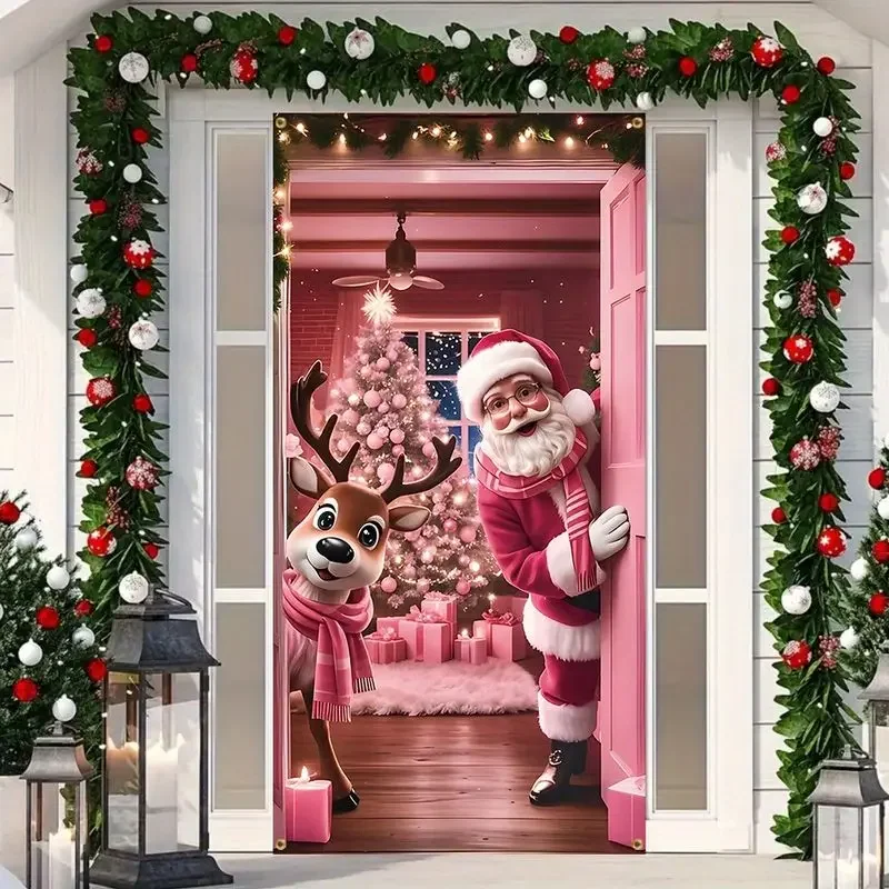 VIKAMA Pink Christmas Door Curtain, Santa & Reindeer Print Half-Curtain Room Divider for Bedroom Entryway Home Decoration