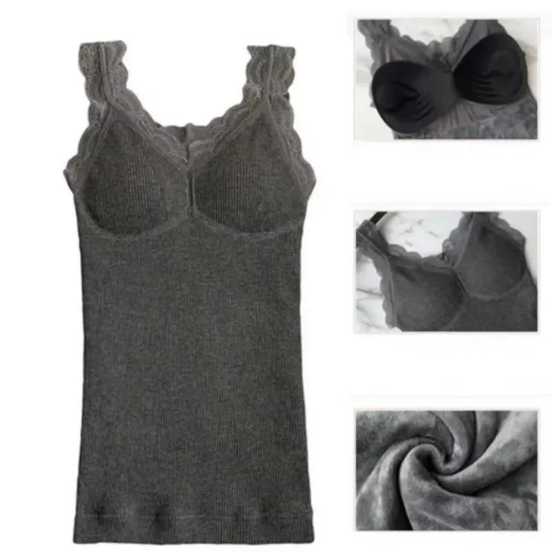 Fashion Autumn Winter Thermal Vest Elastic Slim Warm Lingerie Ladies Clothing Lace Underwear Camisole with Chest Pad