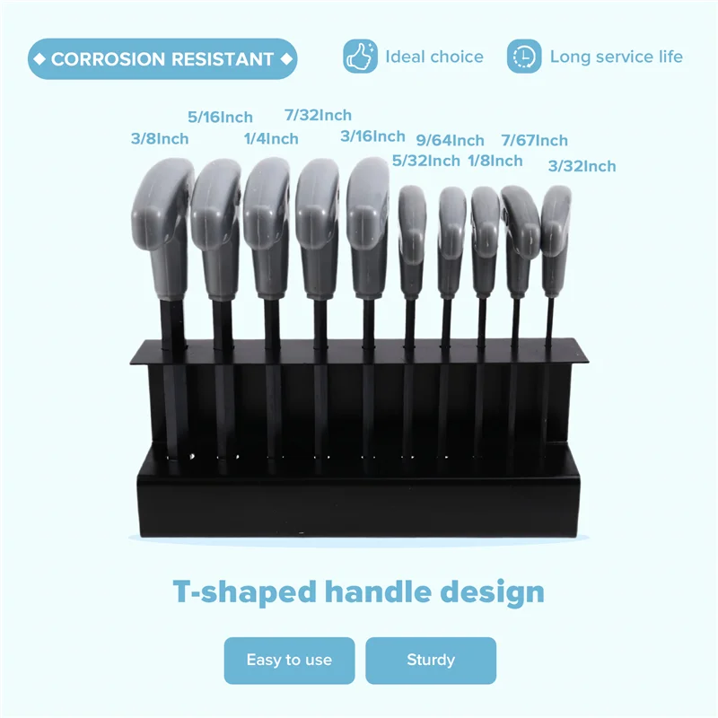 

AAAN-10PCS Imperial Hex Key T-Handle Set 3/32"-3/8" T-Handle Allen Wrench Set With Storage Rack For Automotive Repair