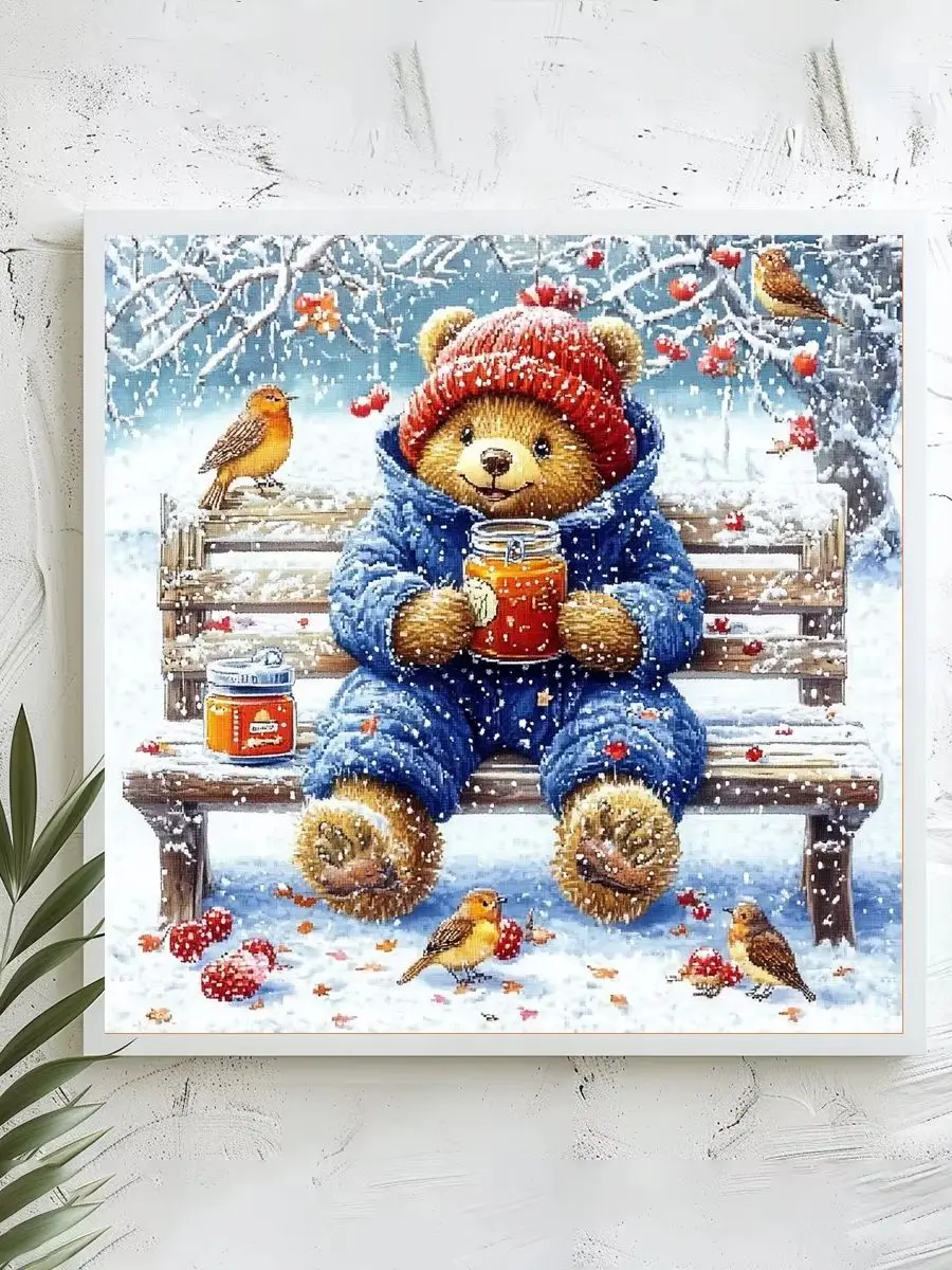 1 Stück 40x40 cm/15,74 Zoll, 11Ct/14Ct Kreuzstich-Set, DIY Valentinstagsgeschenk, Stickerei-Set für Festivals, Weihnachten, Teddybär – Detail 1