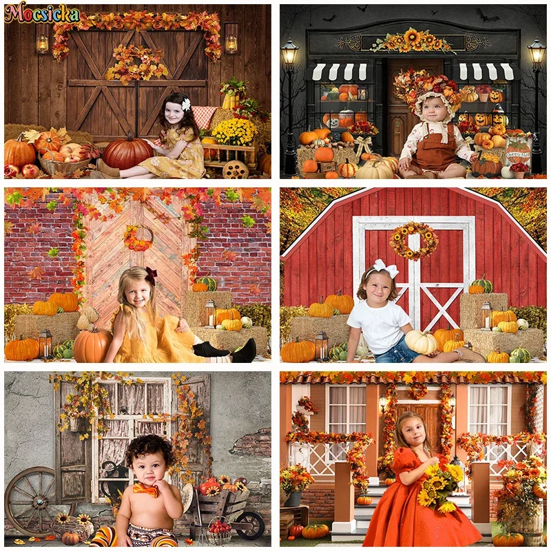 Wooden House Pumpkin Autumn Forest Fruit Baby Shower Photography Background Child Family Photocall Backdrop Banner Photo Studio