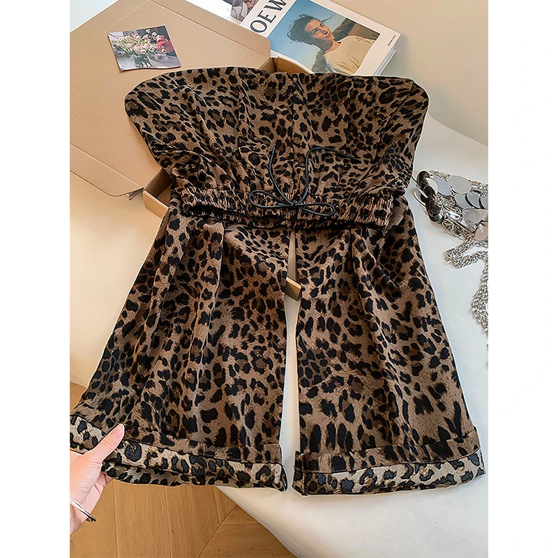 Ice Silk Thin Leopard Women's Pants 2026 Summer High Waist Slim-looking Wide Leg Trousers Casual Pockets Drawstring Pants