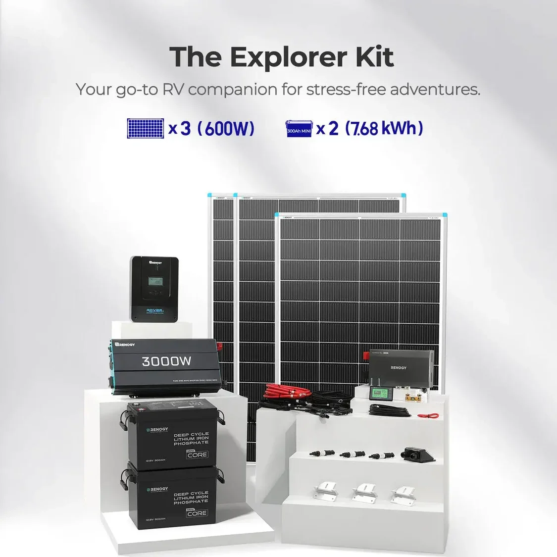 Renogy RV Solar Power Kit 2.56/5.12/7.68kWh LiFePO4 Battery 2000W/3000W Pure Sine Wave Inverter 400W/600W N-Type Solar Panels Off-Grid Power System