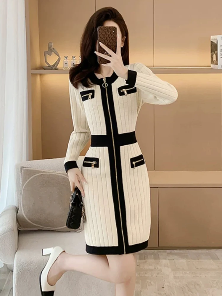 

2024 autumn and winter women's new round neck long sleeve slim zipper knit dress contrast temperament hip sweater skirt