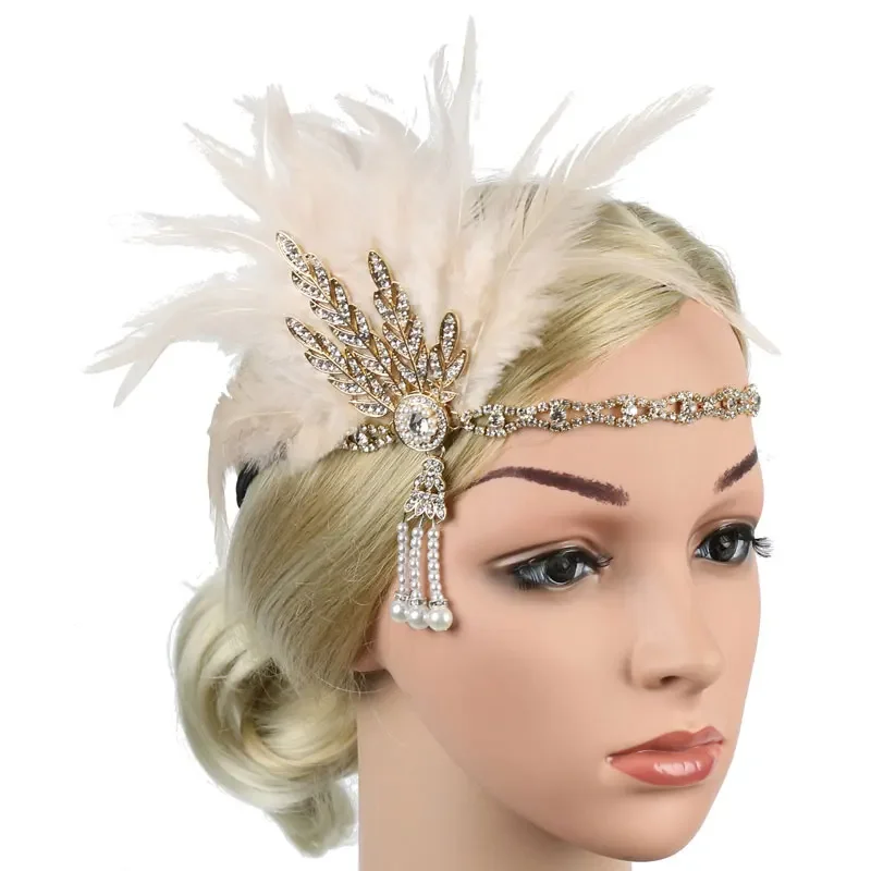 1920s Vintage Feather Flapper Gatsby Headband Rhinestone Pearl Metal Chain Charleston Party Bridal Headpiece Carnival Accessorie