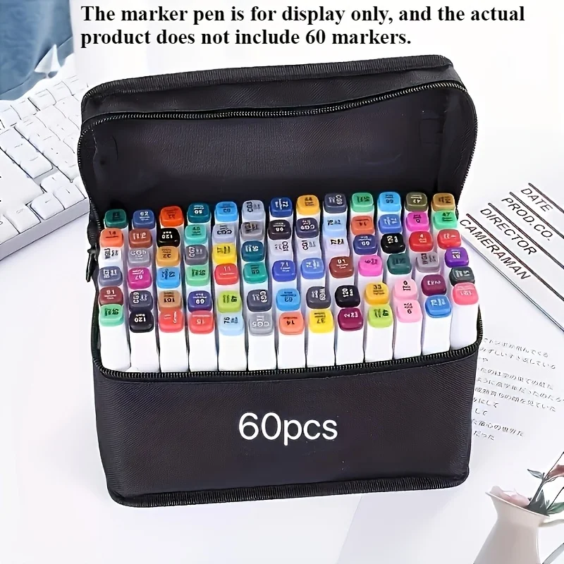 1 قطعة حقيبة يمكن أن تحمل 60 علامة، صندوق تخزين كبير السعة، حامل أقلام قماش متعدد الوظائف، باستثناء 60 قلمًا