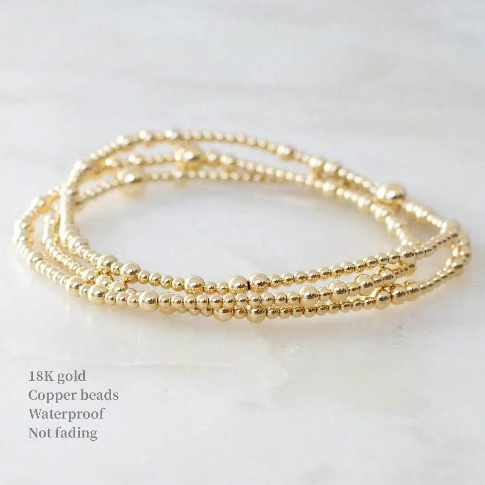 

3Pcs/6Pcs Boho Copper Bead Elastic Bracelet 18K Gold Plated Summer Jewelry Friend Gift For Women